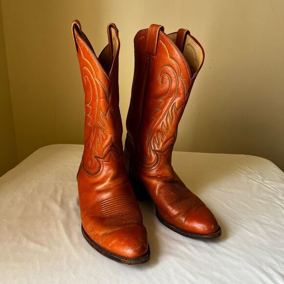 Vintage Tony Lama Men's 10.5D Western Cowboy Boots 6123 Orange Leather USA Made - Picture 4 of 13